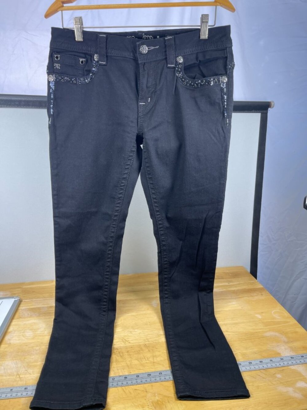 Miss Me Signature Skinny Jeans Womens 30 Black Dark Wash Embroidered Rhinestones